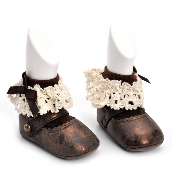 New Baby Girl Infant First Walkers Shoes Buckle Genuine Leather Shoes Soft Sole Anti-slip with Lace Bow Socks