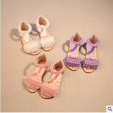 New Arrival Girls Pearl Lace Princess Sandals Cute Little Lady Ankle Strap Princess Shoes High Quality Soft Sandals Performance Shoes