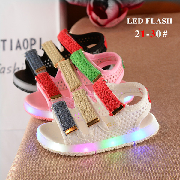 Hot sale 2018 summer kids beach sandals shoes for girls boys led lights flash colorful striped rubber sole hook loop 3 colors