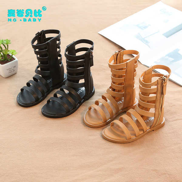2019 Summer New Hollow Out Girl Roman Sandals Open Toe Mid Calf Boots Non-slip Children's Flat Heel Shoes