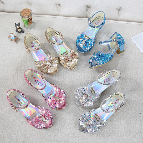 4 Colors Snow Queen Princess Leather Sandals Baby Kids Girls High Heels Dress Shoes Crystal Dancing Sandals Children Bow-knot Shoes M936-2