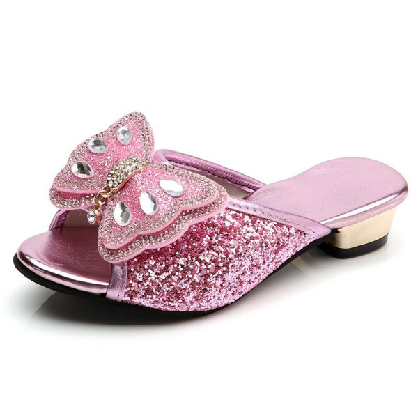 Girls Sandals Princess Slippers Summer Children Shoes Fashion Sequins Butterfly Girls High Heels Casual Slip Leather Kids Shoes