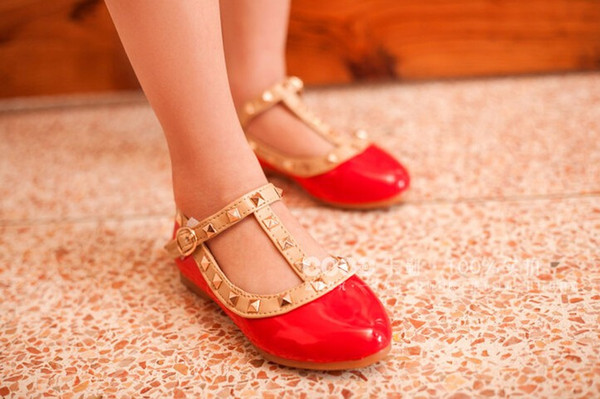 2016 spring and summer rivets girls' sandals pretty girl's leather rhinestone princess shoes girls' dancing flats 21-36