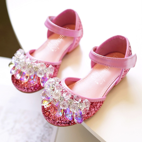 Children Round Toe low Heel Sandals Crystal Flower Girl Shoes With Beading Rhinestone Sparkling Glitter Hollow-out shoe 505-21