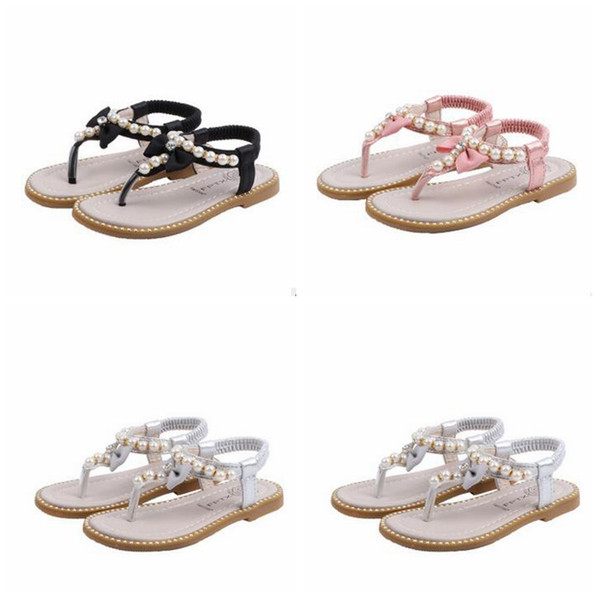 2020 Kids Designer Shoes Girls Pearl Flat Shoes Baby Girl Princess Bowknot Flip Flops Summer Fashion Sandalias Beach Antiskid Slipper ZYQ222