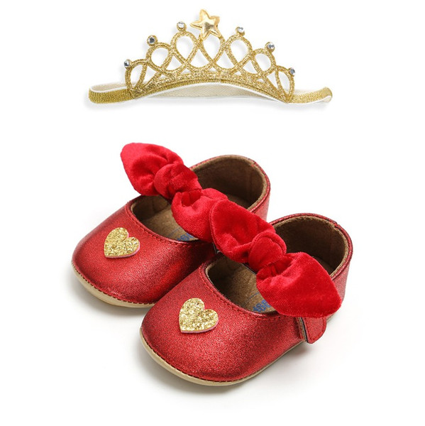 INS Fashion Love Heart Baby Shoes Bow Spring Autumn Infant Princess First Shoes + Crown headbands 2pcs sets Newborn Prewalker C4304