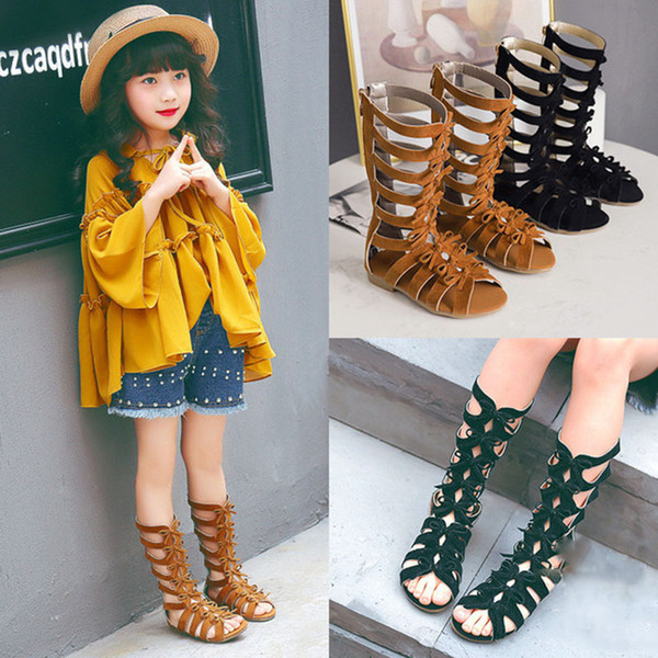 New Baby Retro Bow Roman sandals rubber bottom Tall tube sandals Girls fashion Open toe shoes C948