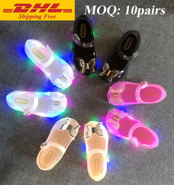 DHL FREE new Melissa colorful LED flash Girls shoes bowknot princess shoes baby cool slippers jelly sandals fish mouth baby girl sandals