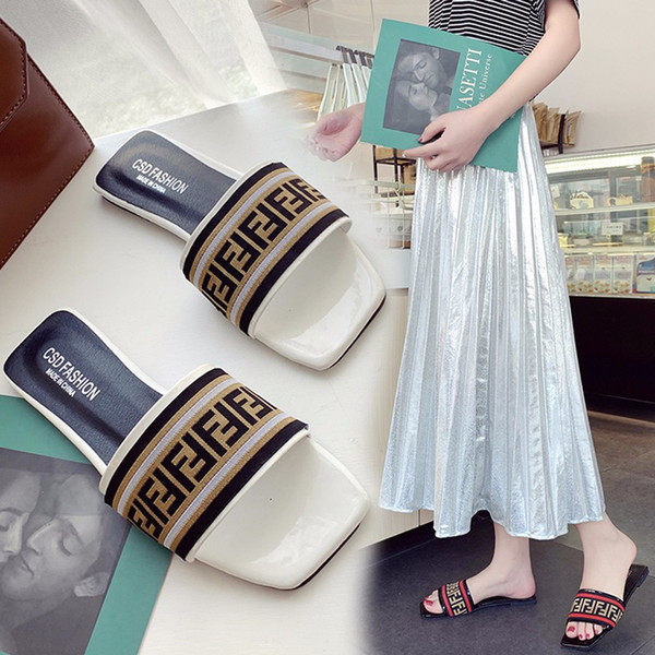Fashion Luxury Women Summer Sandals Classic PU Leather+ Fabric Designer Ladies Slide Slipper Shoes Non-slip Rubber Sandals Beach Wear C61005