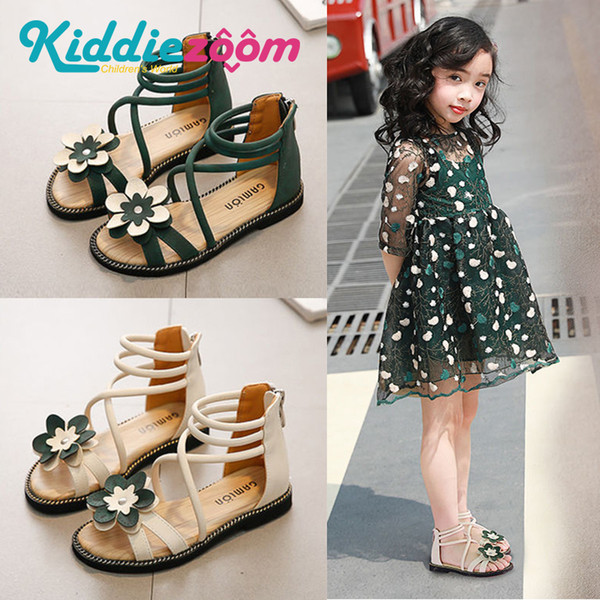 Girl Sandals Summer Shoes Cute Flower Roman Shoes White Green Pearl Beading Open-toe Kids Girls Beach Sandals Kids Shoes Zip T200114