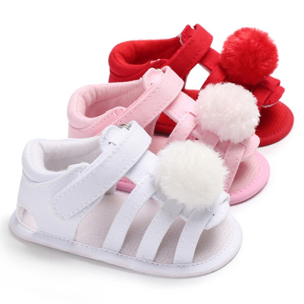 Infant Baby Girls Shoes Summer Fur Ball Nonslip Prewalkers Crib Shoes soft soled baby girls Princess sandals