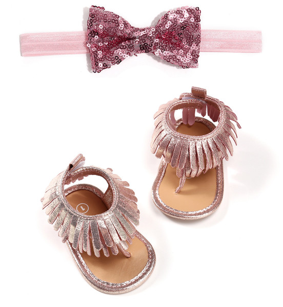 Summer INS Infant Girls tassel T-Bar sandals + glitter sequins Bows elastic princess headbands 2pcs sets baby birthday photography props Y28