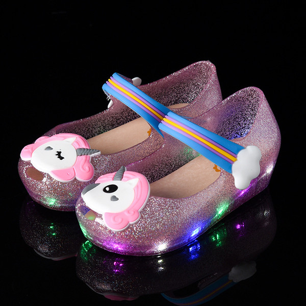 Kids Little Mary LED Light Unicorn Sandals Children Cute Cartoon Jelly Rainbow Shoes Girls Summer Pricess Dress Beach Cool Sandals
