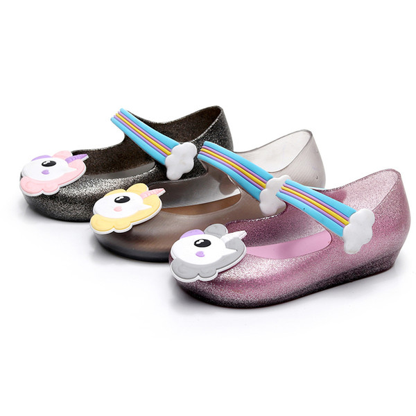 2018 Kids mini sed jelly sandals for baby unicorn children girls princess shoes cute cartoon transparent bling soft beach shoes 010166