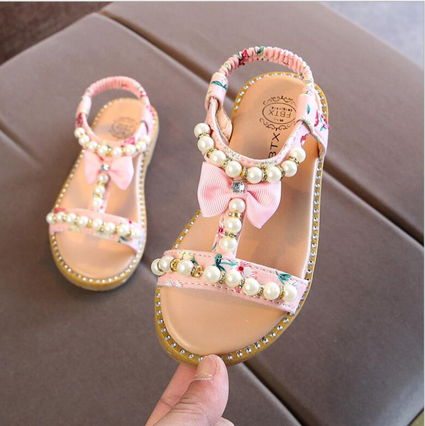 Low Price Wholesale 2018 New Kids Baby Teenagers Grils School Sandals Bare Toes Shoes Summer Princess Pearl Flat Beach Shoes