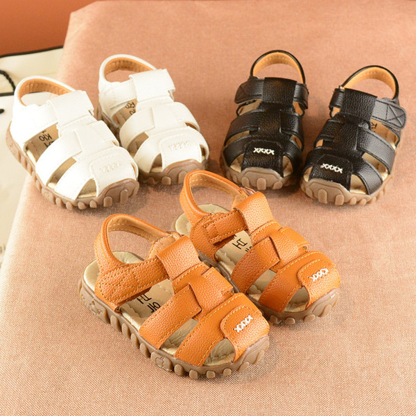 2017 summer new arrival simple toe caps leather shoes sandals for boys kids breathable skidproof cow muscle sole white black brown