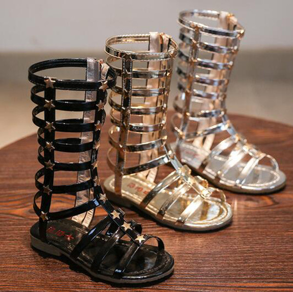 2018 Summer Girls High Boots Rome Shoes Rivets Sandals Fashion Kids Cutout Sandals For Girl Zip Gladiator Toddler Baby Sandals Shoes