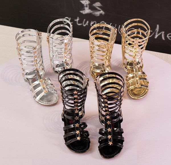 2016 New Casual Children Gladiator Sandals Kids Girl Summer Shoe High Led Boots Sandals 3Colors Sliver Gold Black Size 26-35 Pick Sizes