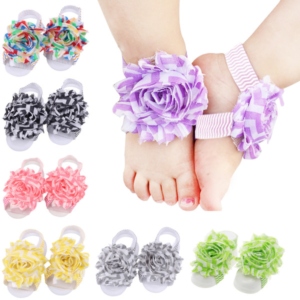 2017 free shipping baby barefoot sandals in stock children shabby chiffon flower shoes for photographic props