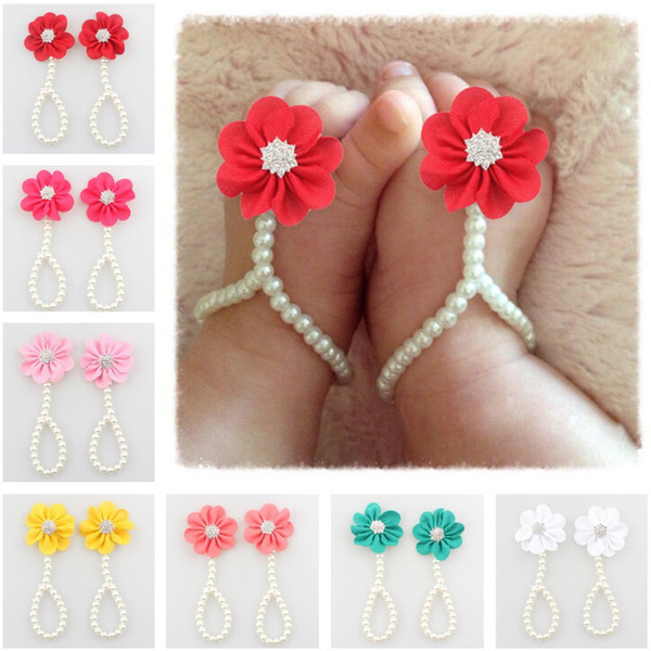 Kids Foot Accessories Fashion Baby Girl Pearl Chiffon Foot Flower Jewelry Shoes Infant Girls Shoes Barefoot Sandals