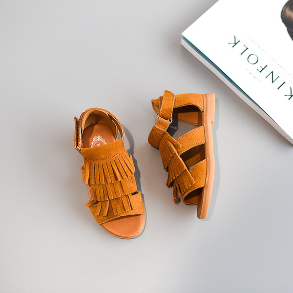 Kids Girl Sandals Baby Girls Shoes Short Ankle Children Gladiator Sandals Tassel Shoes Toddler Heels Real Genuine Leather Summer