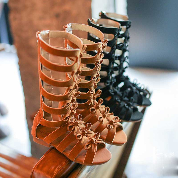 Everweekend Sweet Kids Girls Suede Leather Rome Sandals Shoes Summer Boots Shoes Candy Brown Black Color Fashion Princess Shoes