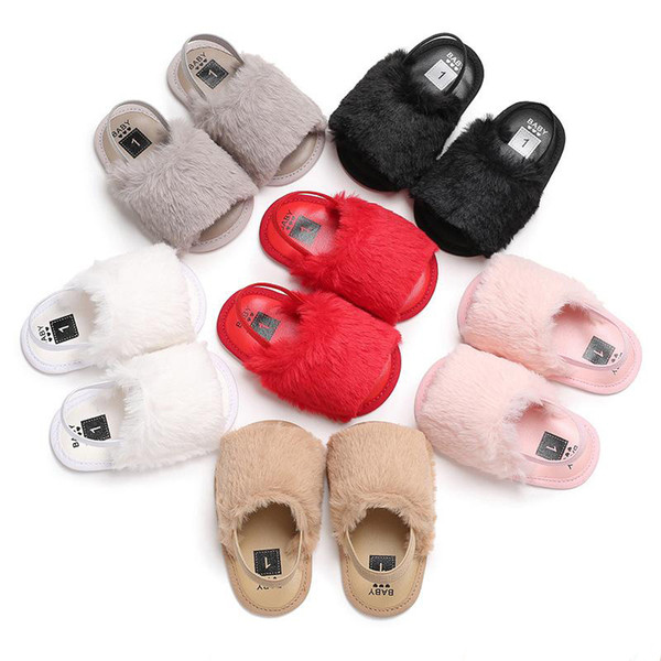 Baby Girls Fur Sandals Toddler Fashion Soft Leather Elastic Band Silicone Antiskid Shoe Kids Top Quality Solid Summer Shaggy Shoes Designer