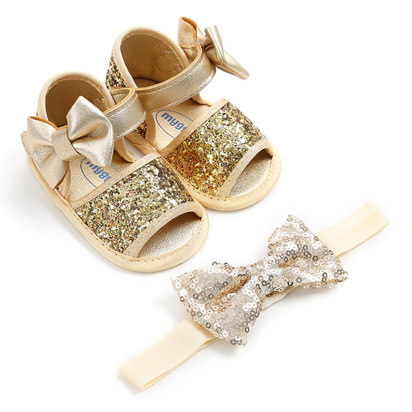 2019 New Summer Bow Shining Infant Baby Girl Sabdals Hairband Set Silver Shoes + Silver Hairband 2Pcs Shoes baby girls
