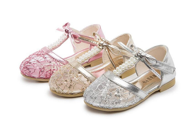 Girls shoes sandals kids summer lace Princess double row Pearl bow Sandals 3 colors pair/l