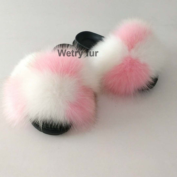 2019 Kids Real Fox Slippers Raccoon Slides Chinelos Menina Slippers Toddler Baby Girls Shoes fox fur slides fur slides for kids Y200106