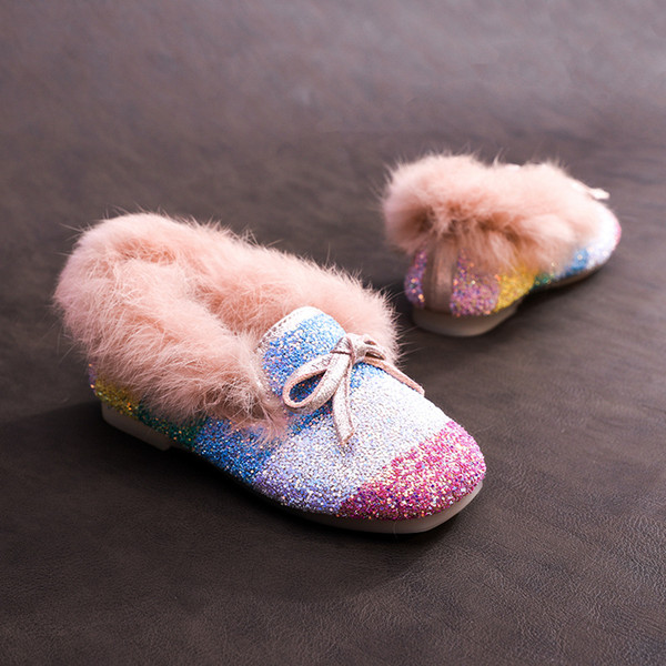 Plus Velvet Children's Cotton Shoes Autumn and Winter New Rainbow Sequins Girls Fur Shoes Outside Wearing Soft Baby Peas