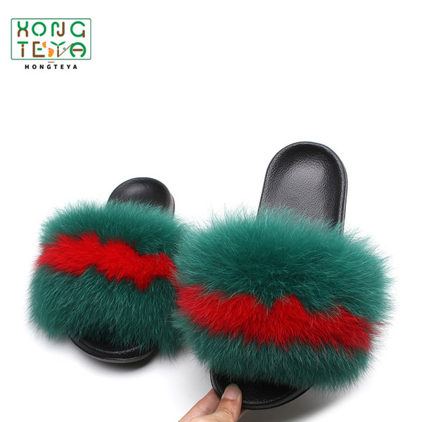 2019 Summer Women Fur Slippers Real hair Slides Female Furry Indoor Flip Flops Casual Beach Sandals Fluffy Plush Shoes