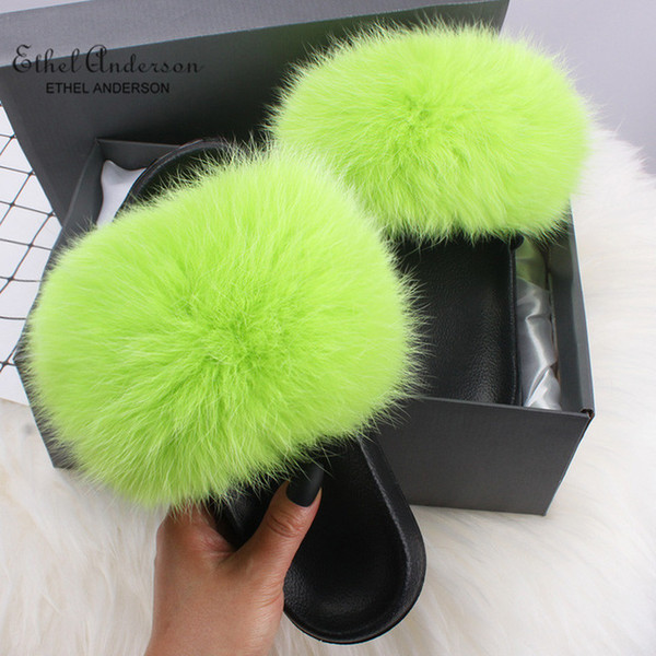 Genuine Fox Hair Slippers Lady Flip Flop Slides Summer Beach Fox Fur Slides Sandals Plus Shoes Woman 1pairs/2pcs