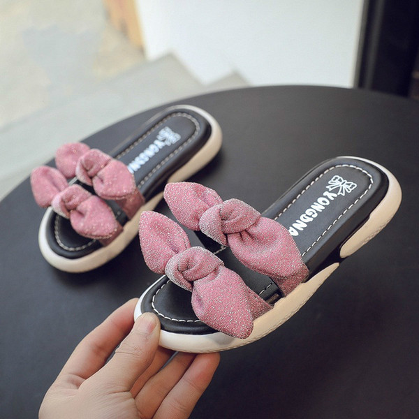 Summer Slippers Girls Bowknot Solid Color Flat Heel Beach Shoes Princess Girl Pink Slippers Bow Soft Sole All Match Sweet Shoe