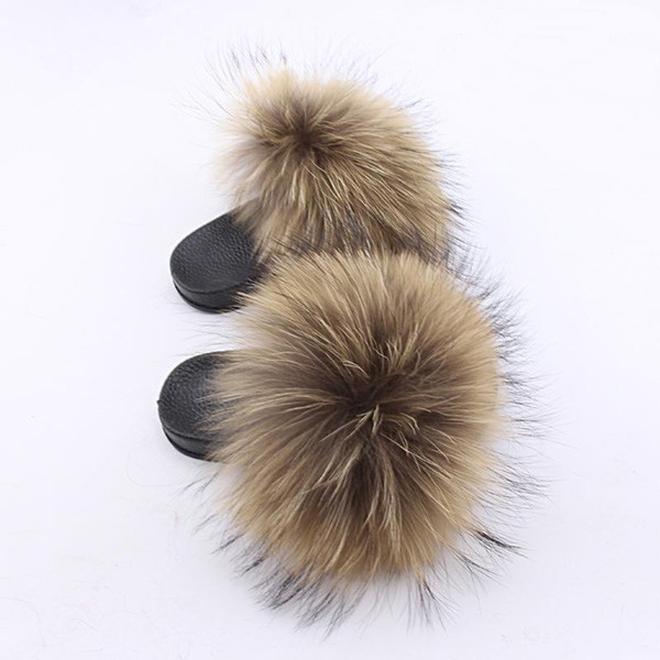 2019 Rass ple Kids Real Fox Slippers Cute Raccoon Slides Fluffy Slippers Toddler Baby Girls Fur Slides Shoes Summer Flip Flops