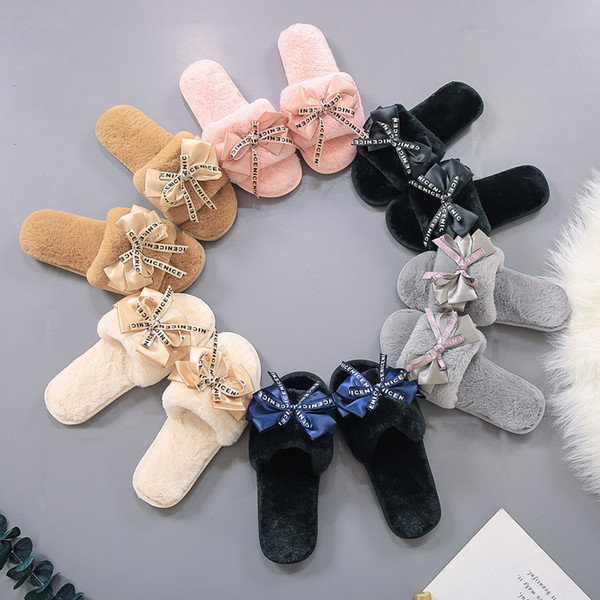 Girl Bowknot Slippers Winter Warm Fur Slippers Women Plush Home Shoes Warm Comfortable Flat Heel Slipper Fluffy Plush Shoes GGA2489