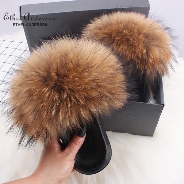 Genuine Fox Hair Slippers Lady Flip Flop Slides Summer Beach Fox Fur Slides Sandals Plus Shoes Woman.2pairs/2pcs