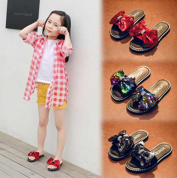 Children's Slippers Summer New Girls Wild Casual Shoes Korean Outdoor Student Shoes Bows Words Sandals Children Sequins Sandals