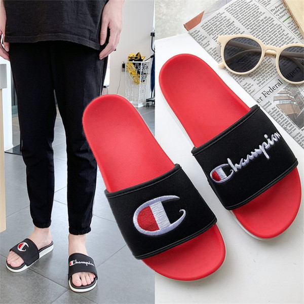 Women Men champion Letter Sandal 2 colors Lovers shoes slipper Slip on Flip Flops Wedge Platform Sandals Beach Water Rain Mules shoes EJY627