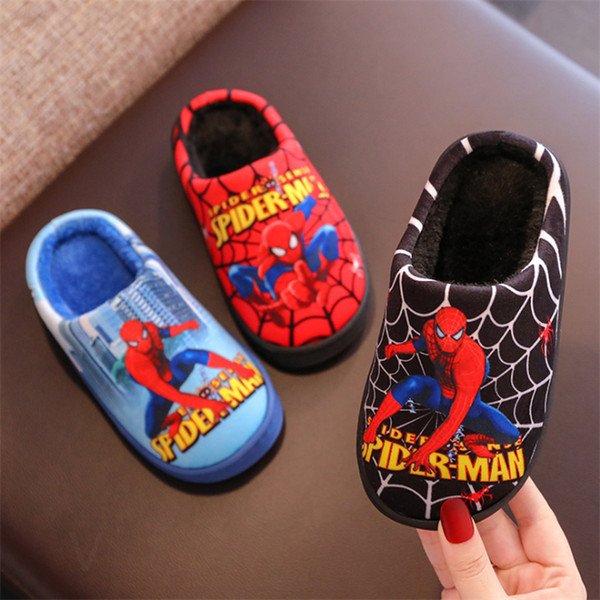 Spiderman Kid Slippers 6 style Winter spiderman slipper kids Plush Boys Flip Flop Cartoon Girls Fur Slides Indoor Cotton Warm shoes KJY956