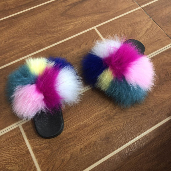 Slippers kids beach Cute Raccoon Wear fur Slides Fluffy Slippers Toddler Baby Girls Fur Slides Shoes Summer Flip Flops