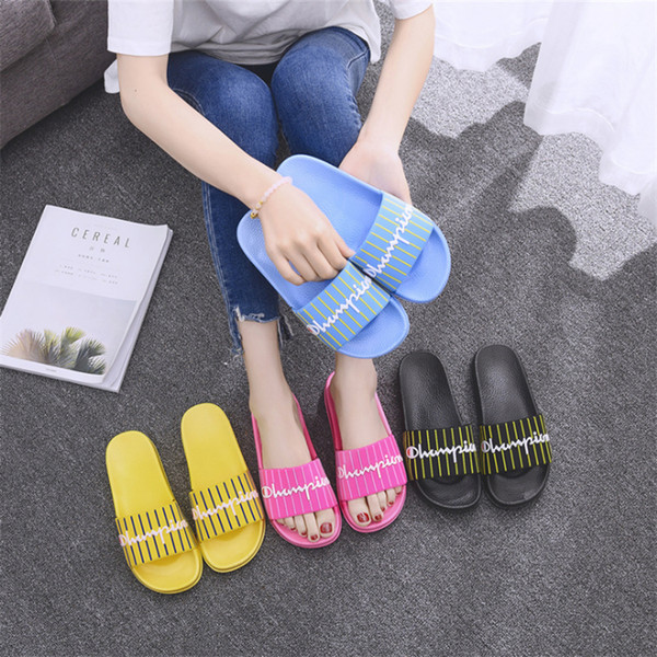 Women champion Letter Sandal 4 colors striped slipper Slip on Flip Flops Wedge Platform Sandals Beach Water Rain Mules shoes GJY609