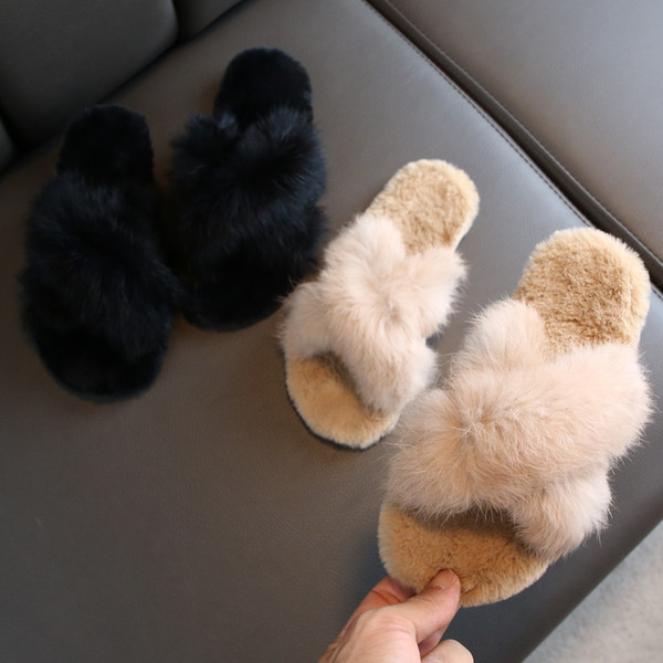 Girls Slippers Fur Slides Shoes Toddler Kids Baby Cross Band Soft Plush Fleece House/outdoor Warm Home Slipper Children