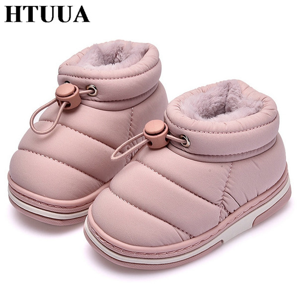 HTUUA Winter Warm Cotton Kids Slippers Thick Soft Sole Plush Home Slippers Children Baby Boys and Girls Snow Shoes Child SX721