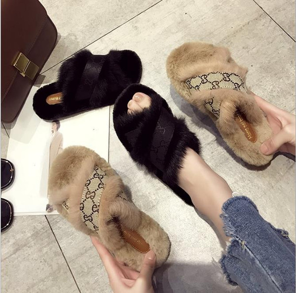 Best selling brand new 2019 brand autumn winter fur shoes real rabbit hair cross slippers 36-40CM