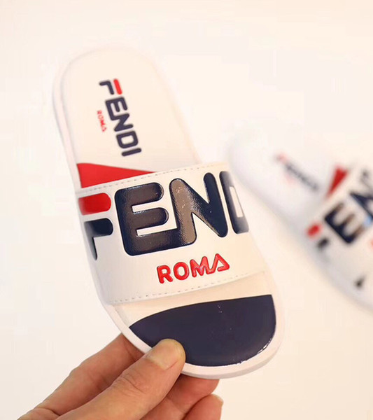 Newest Branded Kids Leather Letter Print Slippers Fashion Boy Girl Rubber Sole Non-slip Beach Slide Sandal