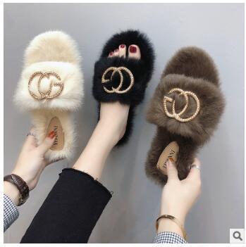 Genuine fur slipper fox fur shoes warm winter home shoes luxury brand design letter shoes 7