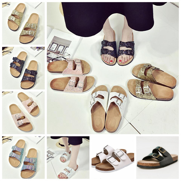 7colors Summer women beach cork Slippers Casual Sandals Sequins Slides Double Buckle Clogs Slip on Flip Flops Flats Shoe GGA606 10pairs