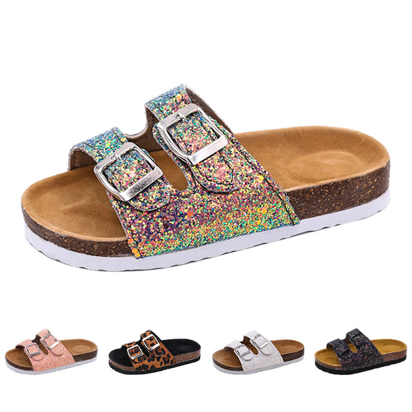 2019 New Kids Slippers Summer Beach Children Cork Sandals Bling Sequins For Family Shoes Leopard Barefoot Flats Girls Slipper