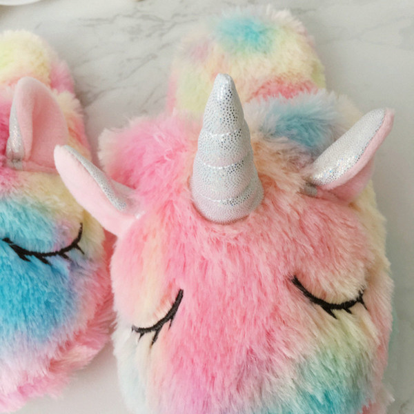 2018 new cute colorful velvet unicorn plush shoes women home indoor winter rainbow unicorn slippers Waterproof non-slip shoes 2pairs/4pcs